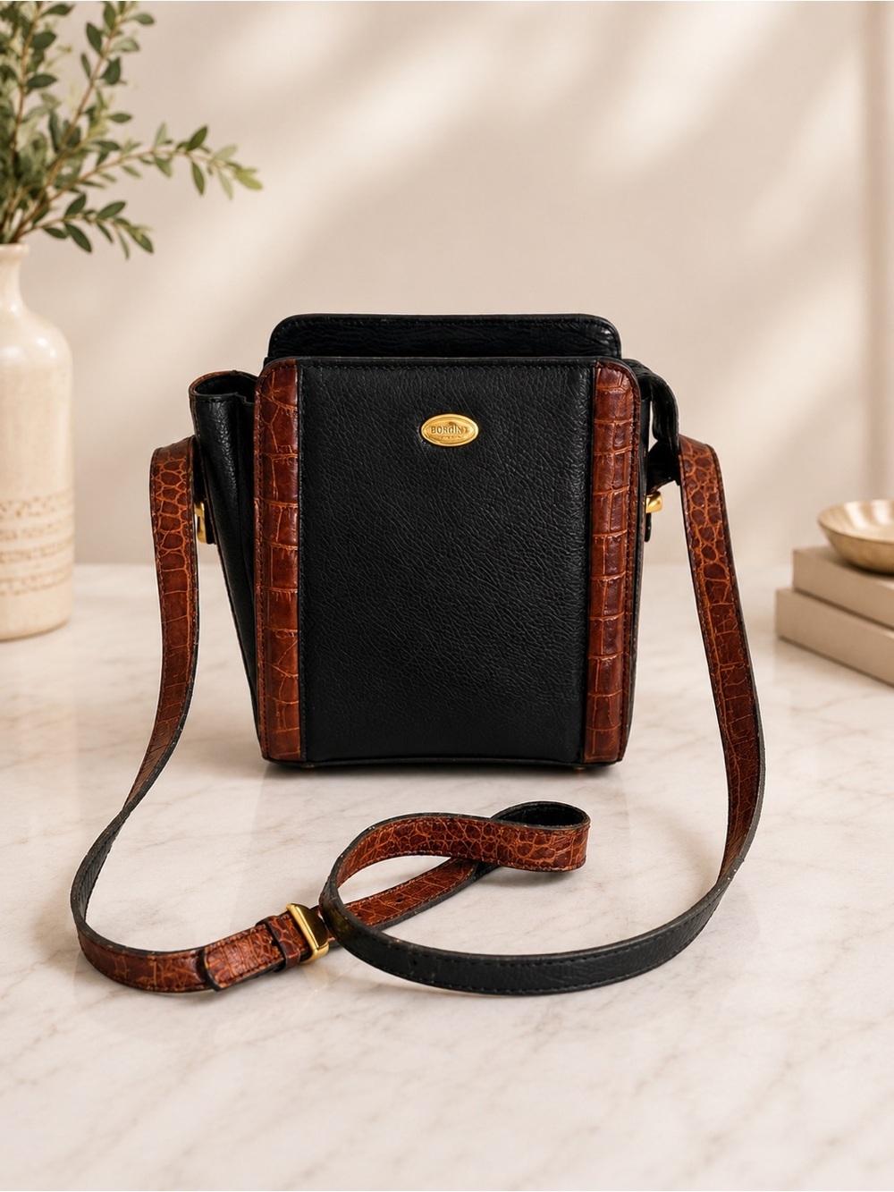 Bally Black Brown croc embossed Leather Crossbody Shoulder Bag